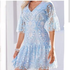 Boston Proper Two Tone Lace Flounce Dress Airy Blue 8